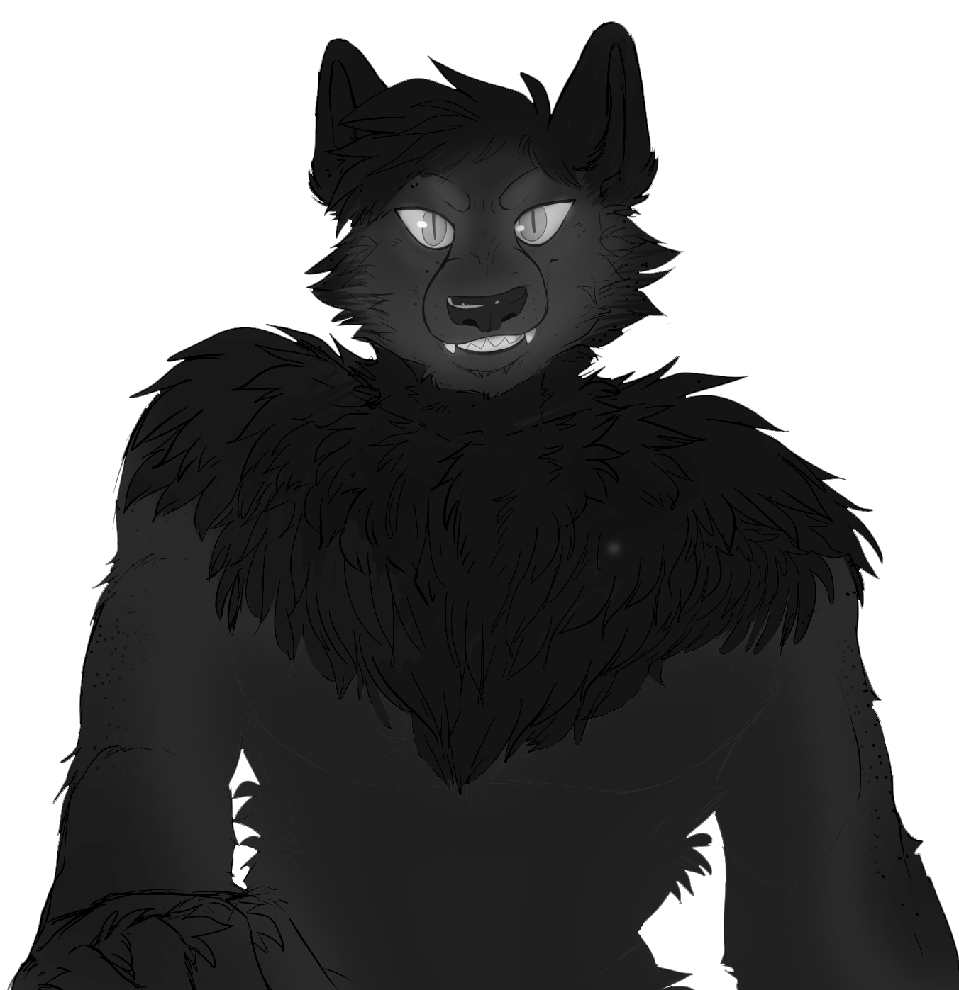 A drawing of a werewolf, essentially. Black fur on transparent background, smiling with big teeth and glowing eyes.