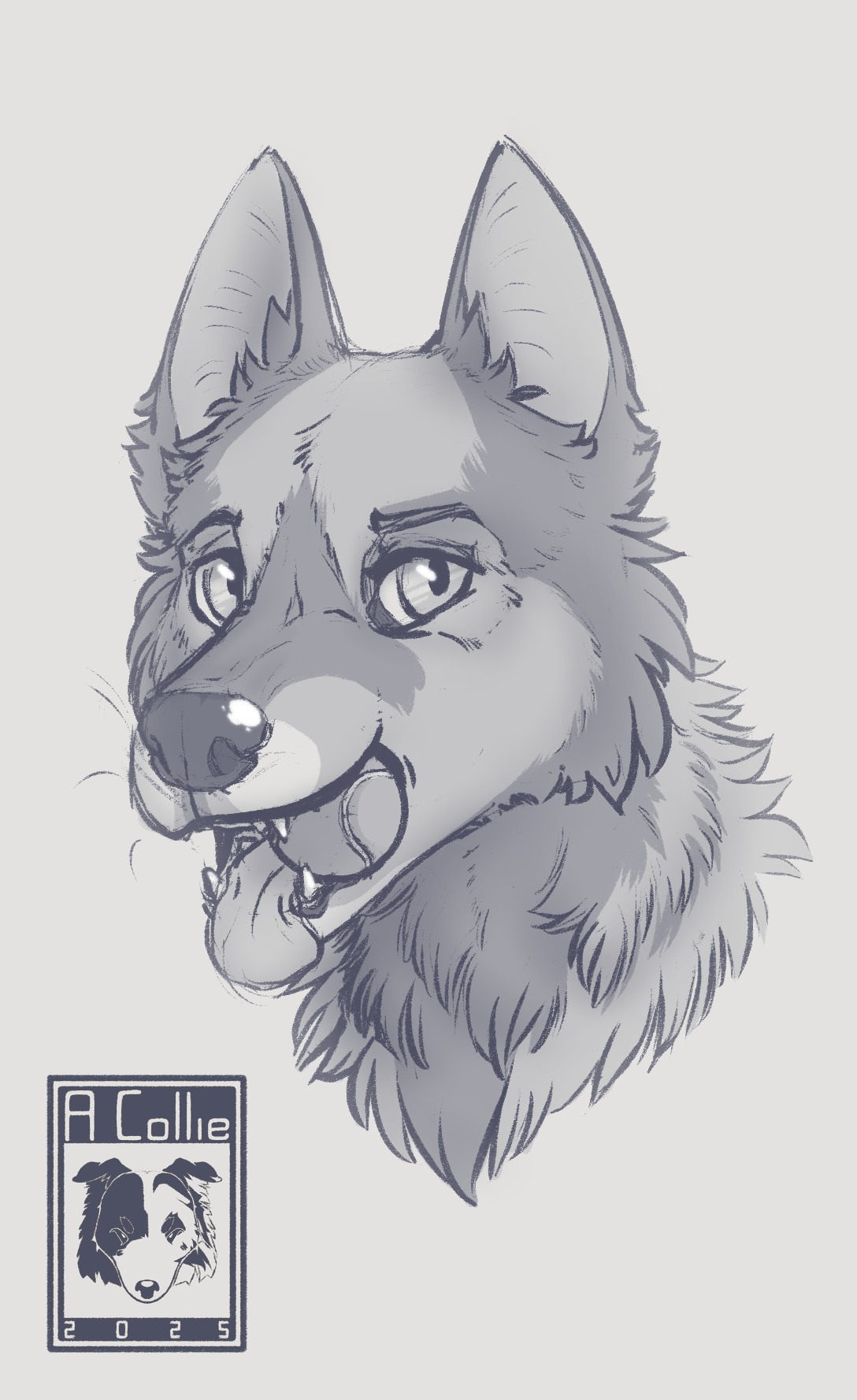 A picture of a dog's head with a ball in his maw.