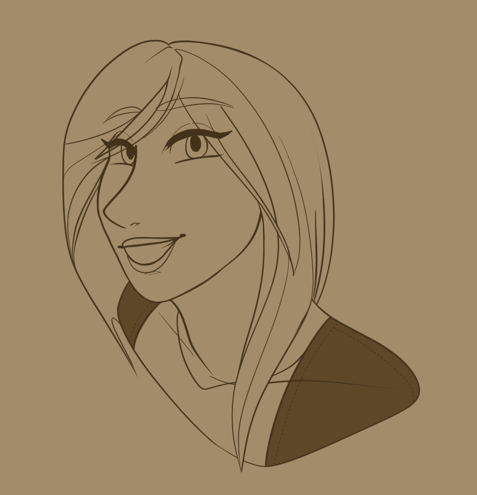 A drawing of a smiling woman with long hair.