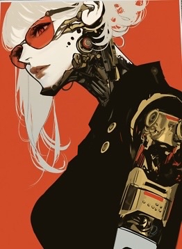 A picture of a human-like android, with obvious mechanical components.