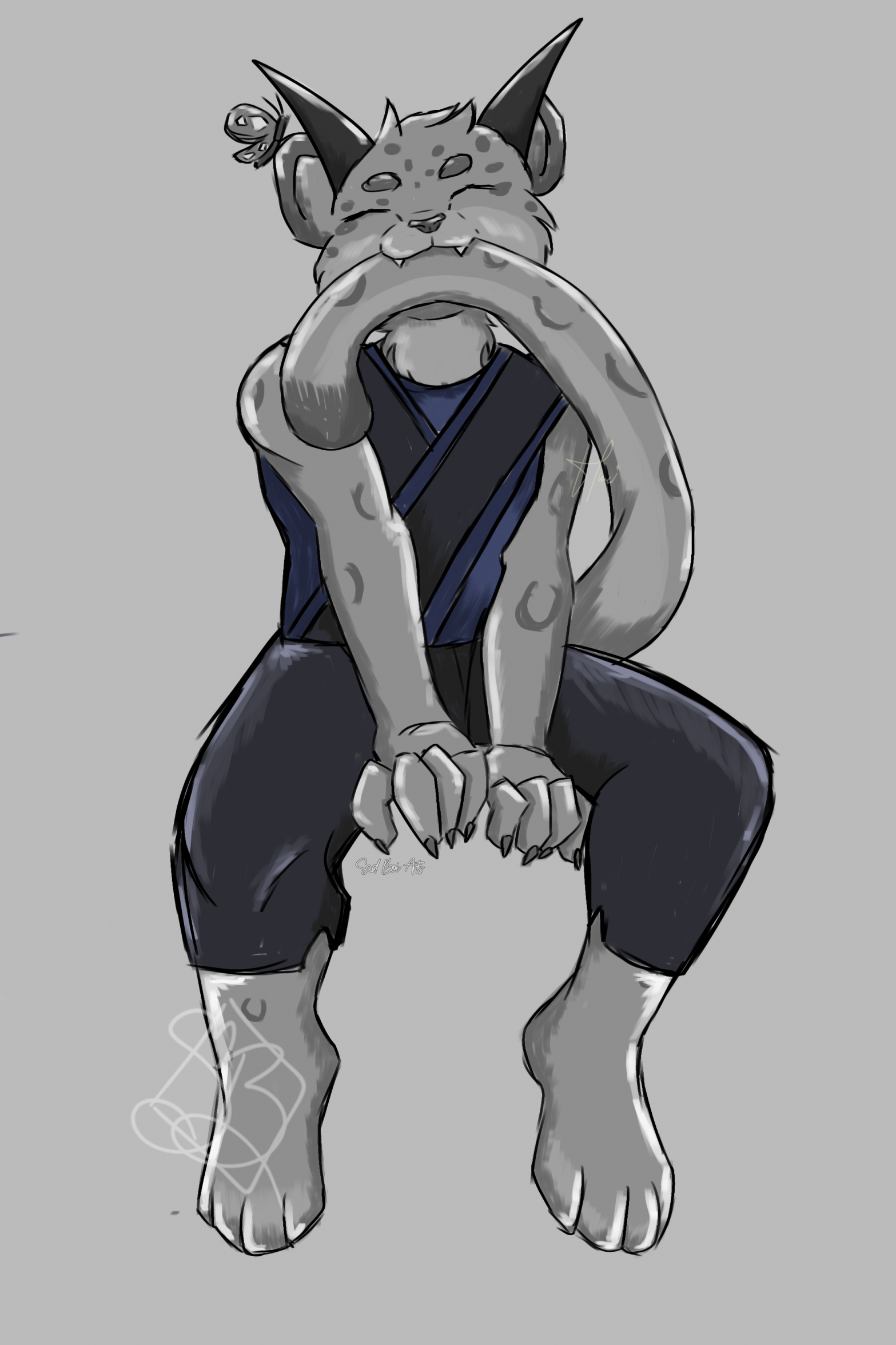 A bipedal/anthro snow leopard with his own tail in his maw.